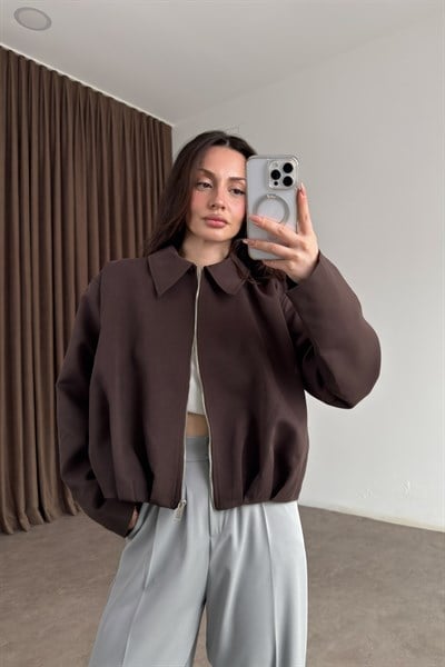 Premium Drapeli Deri Aksesuarlı Kahve Ceket