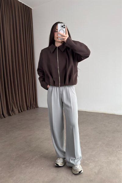 Premium Drapeli Deri Aksesuarlı Kahve Ceket