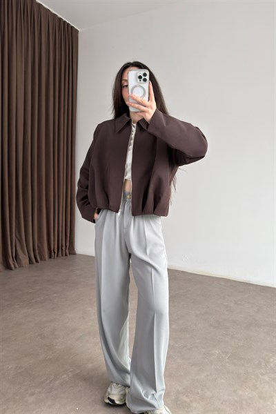 Premium Drapeli Deri Aksesuarlı Kahve Ceket