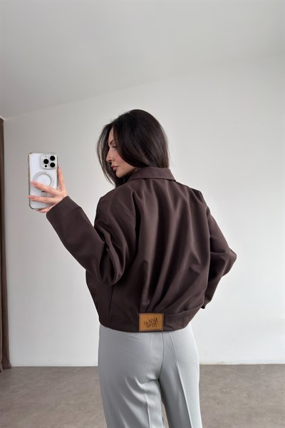 Premium Drapeli Deri Aksesuarlı Kahve Ceket