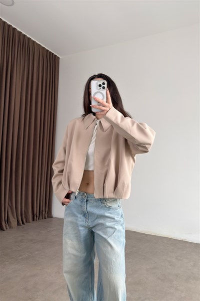 Premium Drapeli Deri Aksesuarlı Taş Ceket