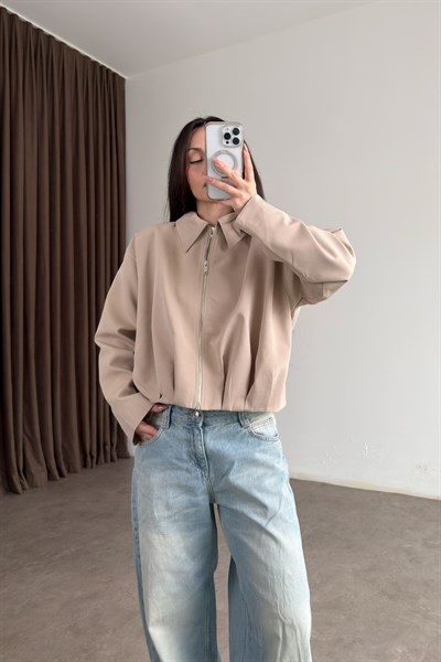 Premium Drapeli Deri Aksesuarlı Taş Ceket