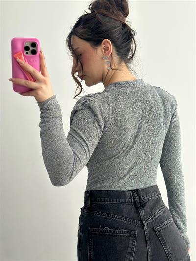 Premium Drapeli Işıltılı Gri Bodysuit