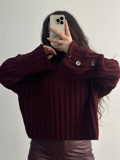 Premium Düğme Detaylı Bordo Kazak