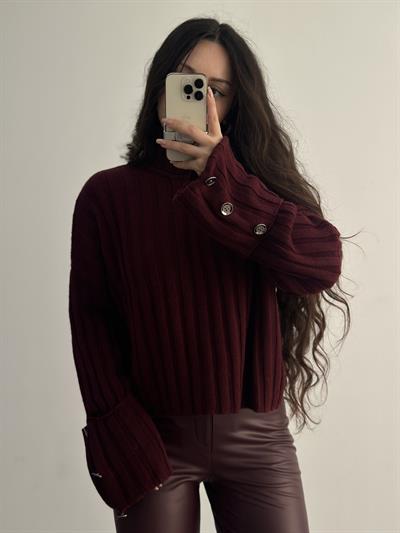 Premium Düğme Detaylı Bordo Kazak