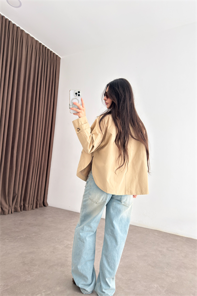 Premium Düğmeli Kısa Bej Trençkot