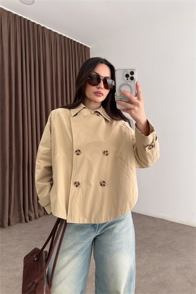 Premium Düğmeli Kısa Bej Trençkot