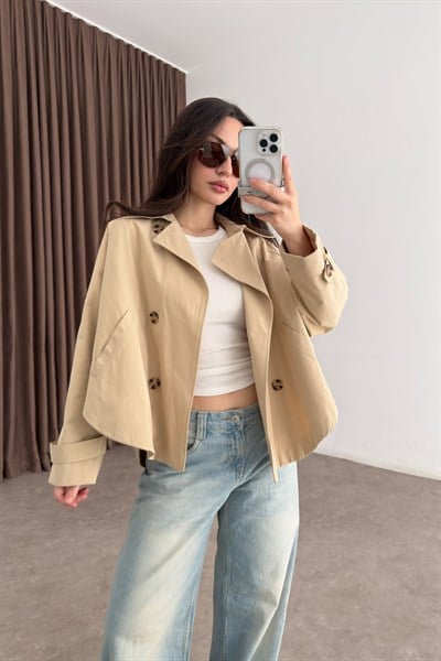 Premium Düğmeli Kısa Bej Trençkot
