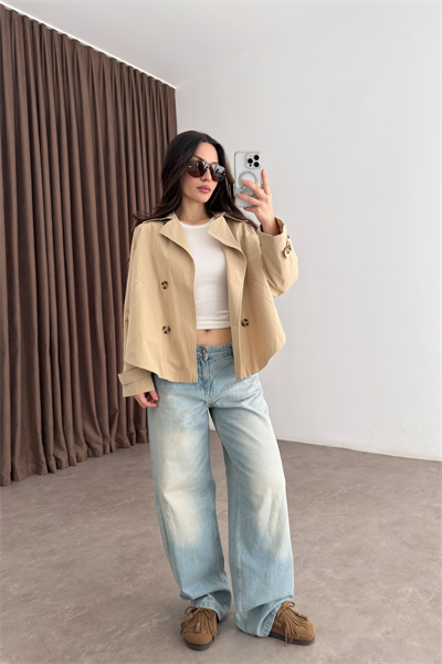 Premium Düğmeli Kısa Bej Trençkot