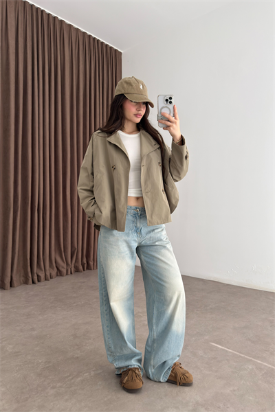 Premium Düğmeli Kısa Haki Trençkot