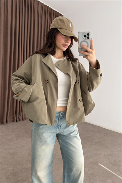 Premium Düğmeli Kısa Haki Trençkot