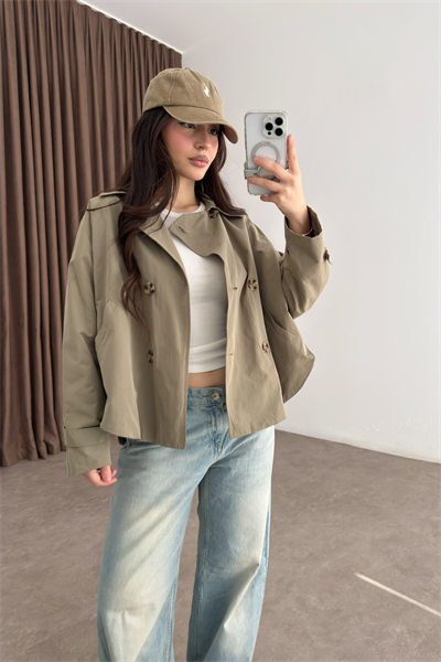 Premium Düğmeli Kısa Haki Trençkot