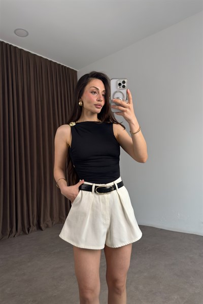 Premium Pileli Kısa Ekru Denim Şort