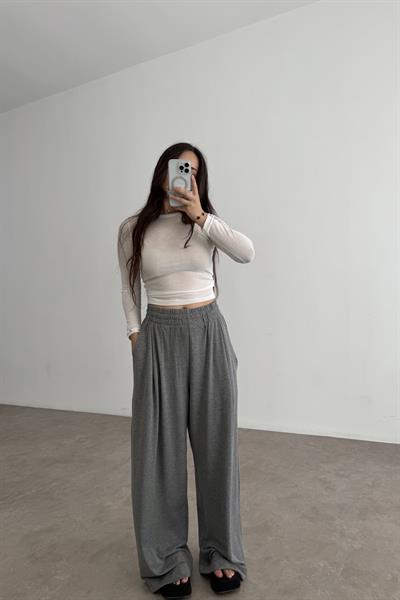 Premium Geniş Kemerli Pileli Pantolon Gri