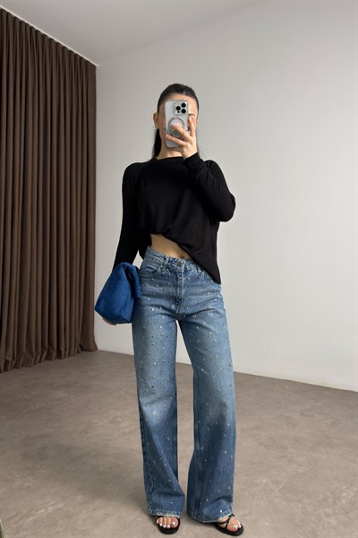 Premium Geometrik Taş İşlemeli Mavi Jean