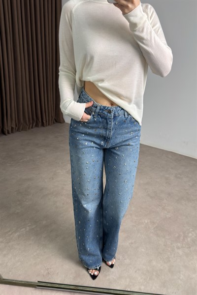 Premium Geometrik Taş İşlemeli Mavi Jean