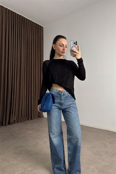 Premium Geometrik Taş İşlemeli Mavi Jean