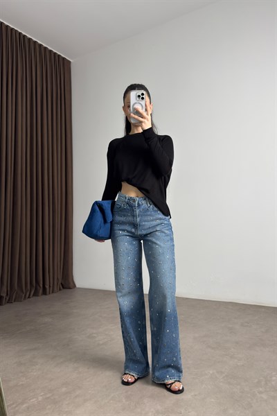 Premium Geometrik Taş İşlemeli Mavi Jean