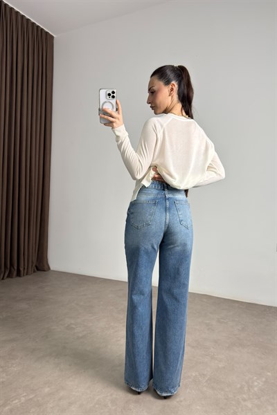 Premium Geometrik Taş İşlemeli Mavi Jean