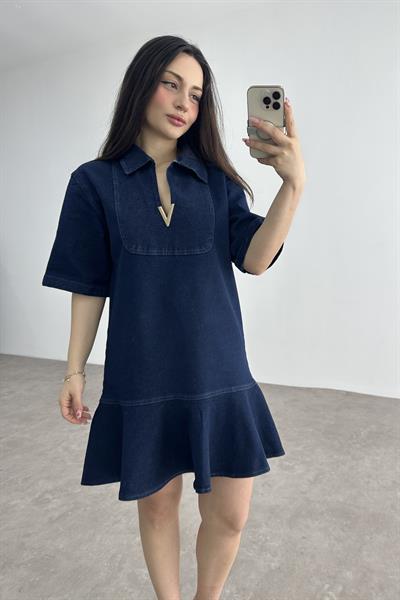 Premium Gold Detaylı Likralı Kot Elbise