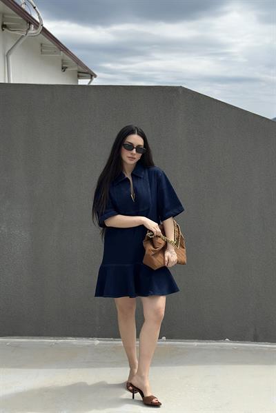 Premium Gold Detaylı Likralı Kot Elbise