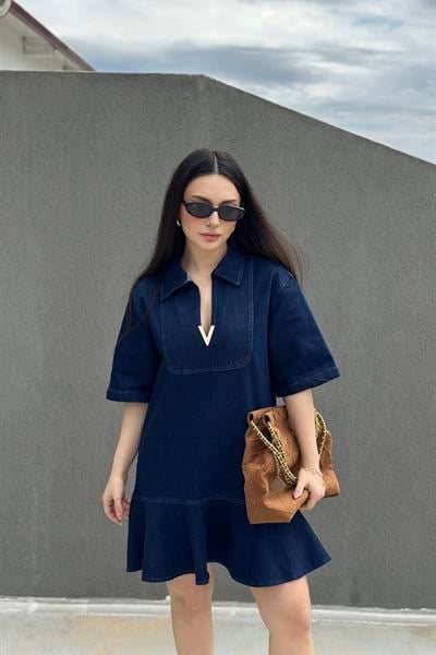 Premium Gold Detaylı Likralı Kot Elbise