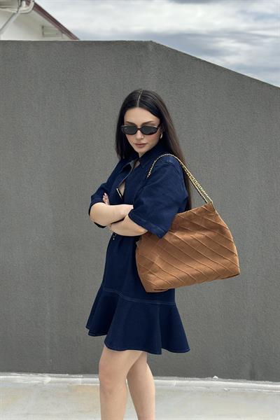 Premium Gold Detaylı Likralı Kot Elbise