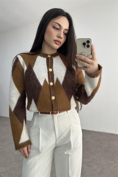 Premium Gold Düğme Detaylı Karamel Hırka