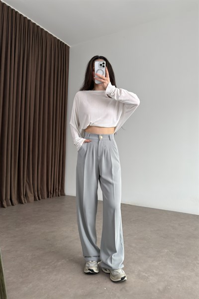 Premium Gold Düğmeli Buz Gri Palazzo Pantolon