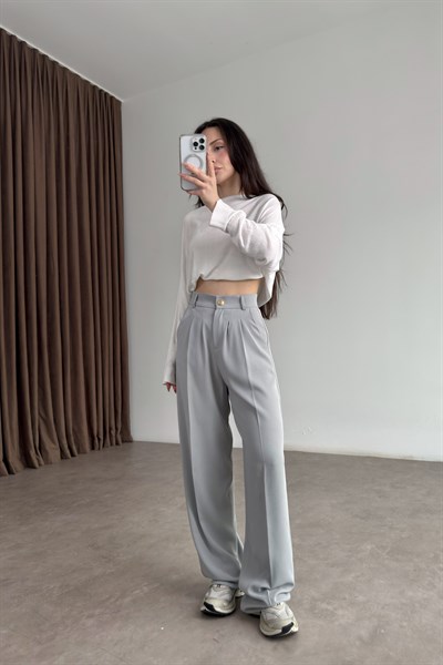 Premium Gold Düğmeli Buz Gri Palazzo Pantolon