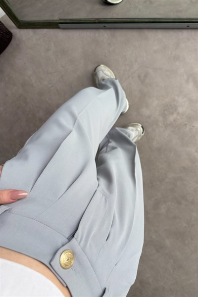 Premium Gold Düğmeli Buz Gri Palazzo Pantolon