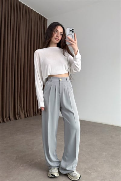 Premium Gold Düğmeli Buz Gri Palazzo Pantolon