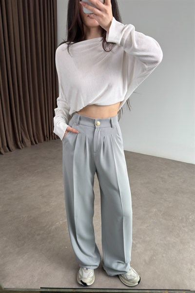 Premium Gold Düğmeli Buz Gri Palazzo Pantolon