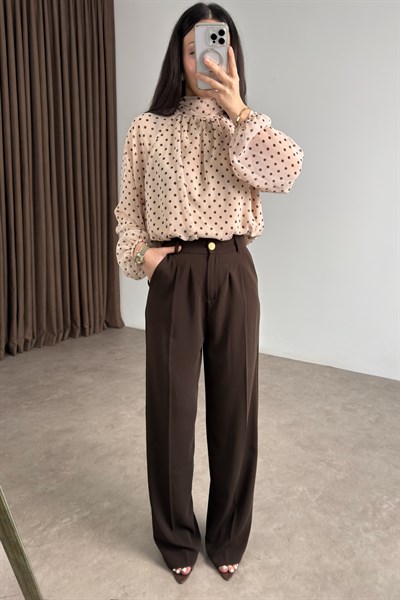 Premium Gold Düğmeli Kahve Palazzo Pantolon