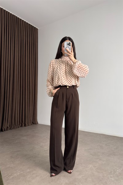 Premium Gold Düğmeli Kahve Palazzo Pantolon