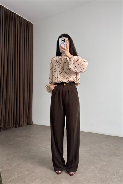 Premium Gold Düğmeli Kahve Palazzo Pantolon