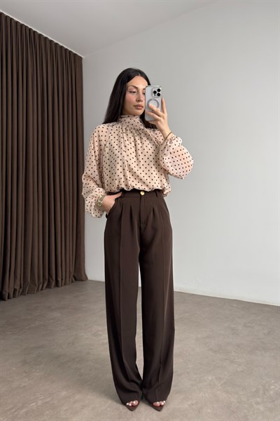 Premium Gold Düğmeli Kahve Palazzo Pantolon