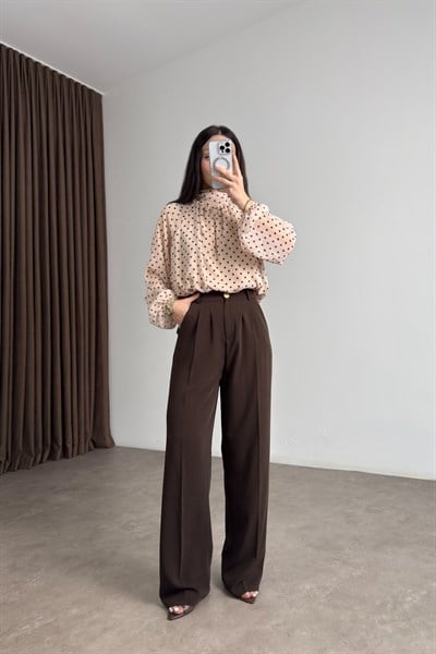 Premium Gold Düğmeli Kahve Palazzo Pantolon