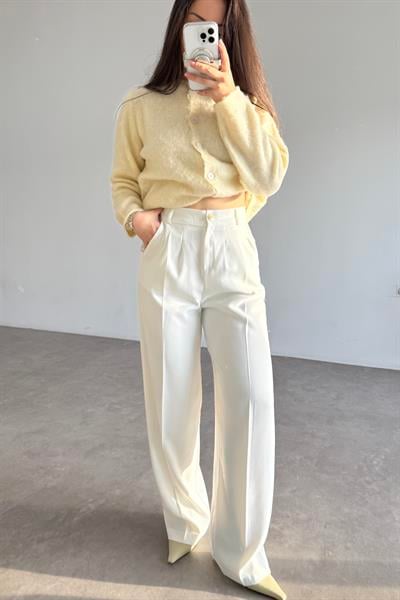 Premium Gold Düğmeli Palazzo Beyaz