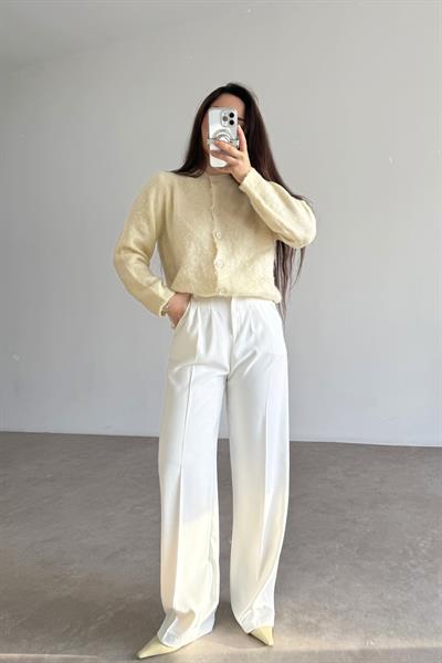 Premium Gold Düğmeli Palazzo Beyaz