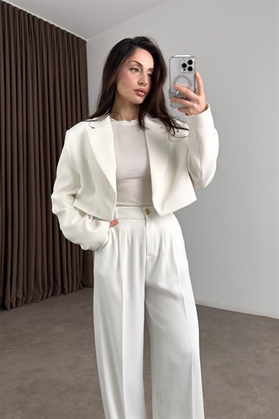 Premium Gold Düğmeli Beyaz Palazzo Pantolon