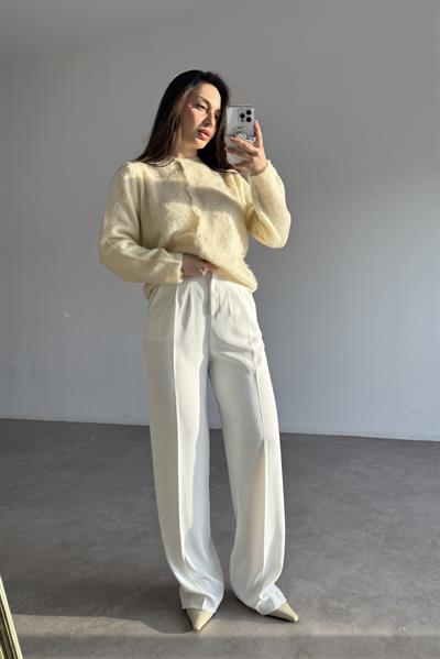 Premium Gold Düğmeli Palazzo Beyaz