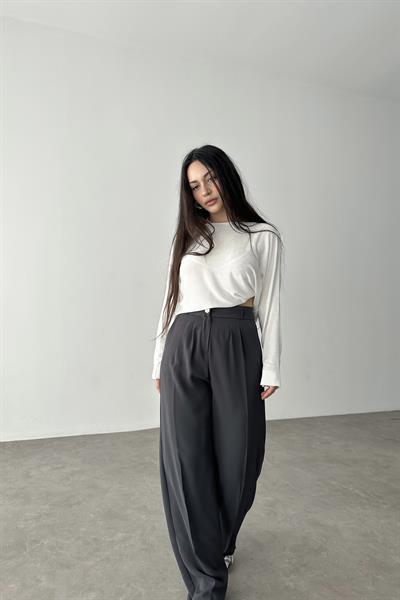 Premium Gold Düğmeli Palazzo Gri