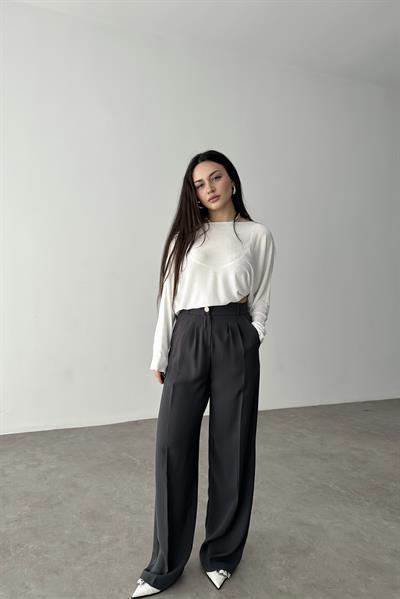 Premium Gold Düğmeli Palazzo Gri