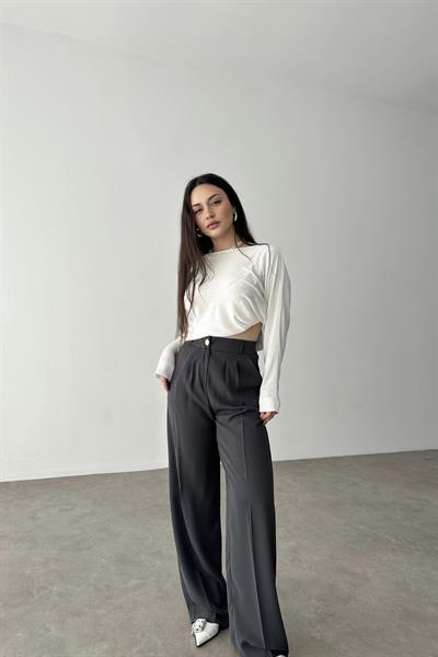 Premium Gold Düğmeli Palazzo Gri