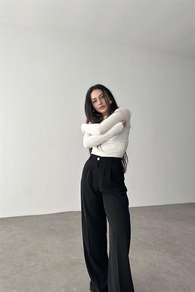 Premium Gold Düğmeli Palazzo Siyah