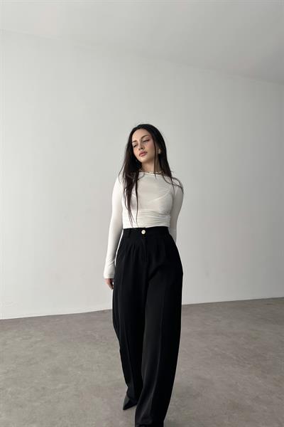 Premium Gold Düğmeli Palazzo Siyah