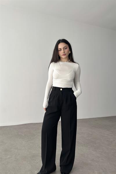 Premium Gold Düğmeli Palazzo Siyah