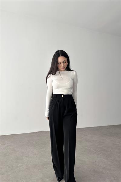 Premium Gold Düğmeli Palazzo Siyah