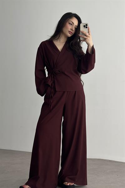 Premium Gül Detaylı Kimono Takım Bordo